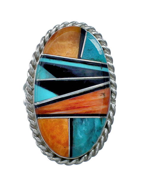 Native American Sterling Silver Multicolor Inlay Ring Size 7-1/2 NN20599